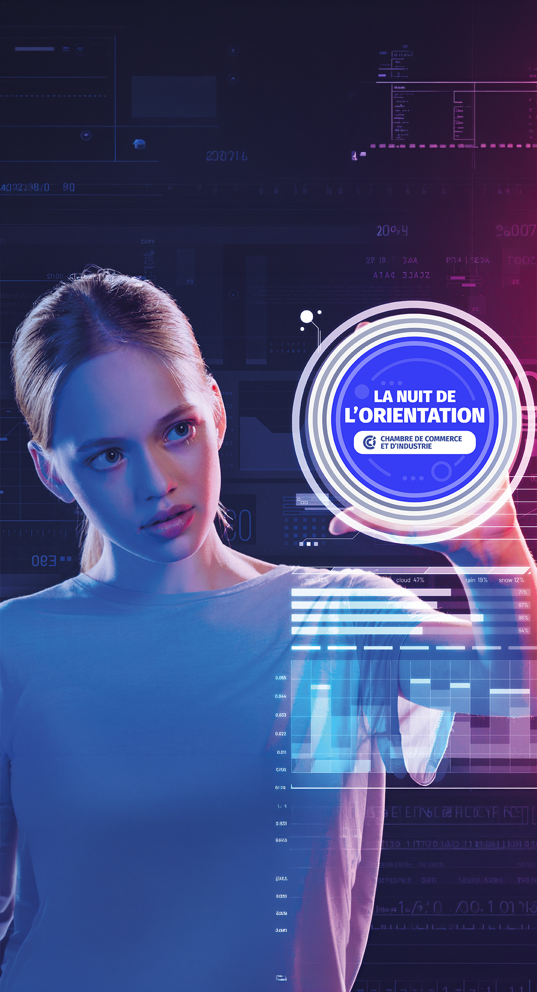 Visuel de la Nuit de l’Orientation représentant une jeune femme interagissant avec une interface numérique aux couleurs bleues et violettes.